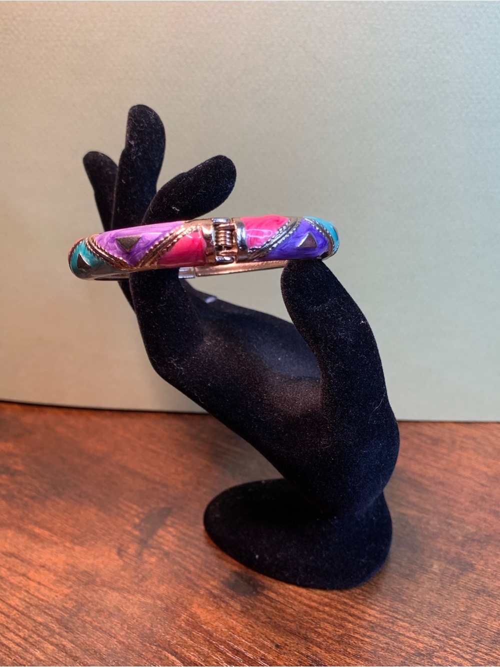 Colorful Enamel Hinged Bangle Bracelet - Pink, Purple & Turquoise